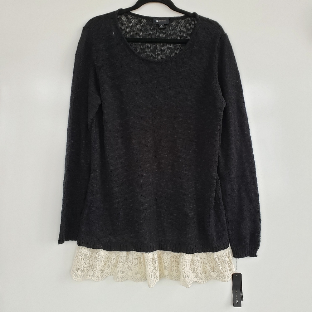 AB STUDIO Black Lightweight Sweater with Cream Lace Hem Accent Size XL